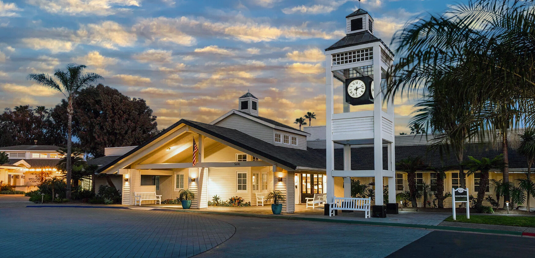 twilight view of Hotel at La Valle entrance